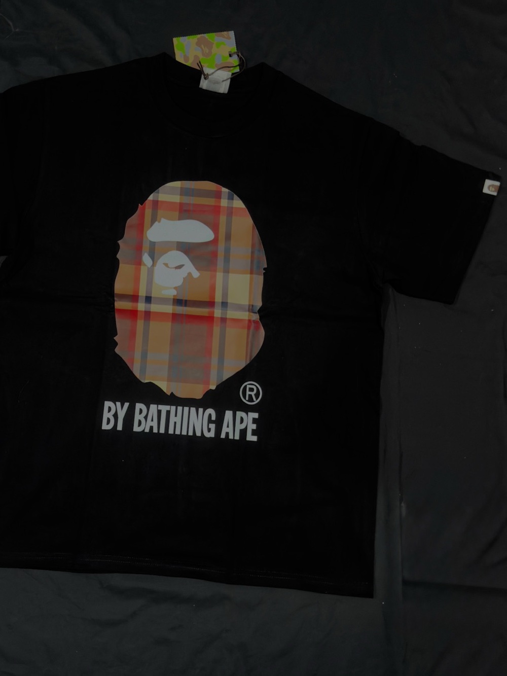 Bape Black T-Shirt with Orange Plaid Ape Graphic